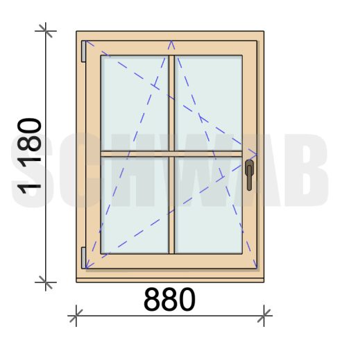 90x120 cm bukó-nyíló fa ablak álosztóval balos